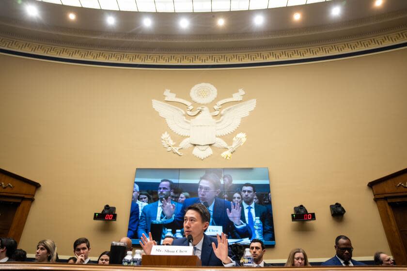 WASHINGTON, DC - MARCH 23: TikTok Chief Executive Officer Shou Zi Chew testifies before the House Energy and Commerce Committee in the Rayburn House Office Building on Capitol Hill on Thursday, March 23, 2023 in Washington, DC. Lawmakers on the committee question TikTok's CEO about the company's relationship with its parent company, ByteDance, and how they handle users' sensitive personal data. (Kent Nishimura / Los Angeles Times)