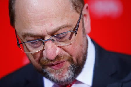 Social Democratic Party (SPD) leader Martin Schulz reacts on first exit polls after the Saarland state elections in Berlin, Germany, March 26, 2017. REUTERS/Hannibal Hanschke