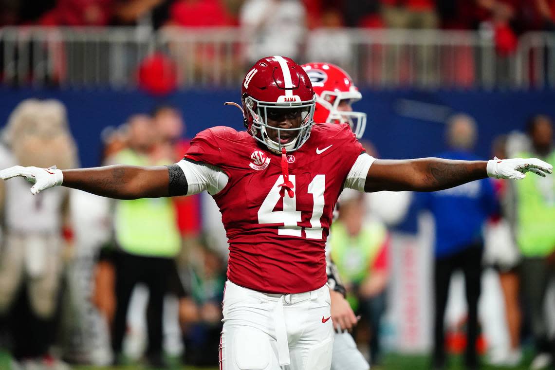 Dec 2, 2023; Atlanta, GA, USA; Alabama Crimson Tide linebacker Chris Braswell (41) reacts in the first quarter against the Georgia Bulldogs in the SEC Championship at Mercedes-Benz Stadium. Mandatory Credit: John David Mercer-USA TODAY Sports John David Mercer/John David Mercer-USA TODAY Sports