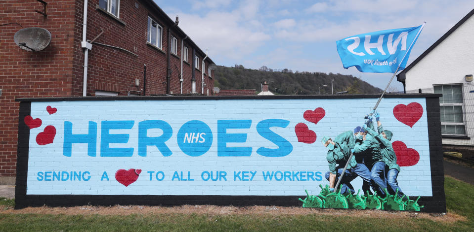 An Iwo Jima inspired NHS Heroes Mural by artists Ricky Morrow and Dee Craig in the village of Glynn Co Antrim as the UK continues in lockdown to help curb the spread of the coronavirus.