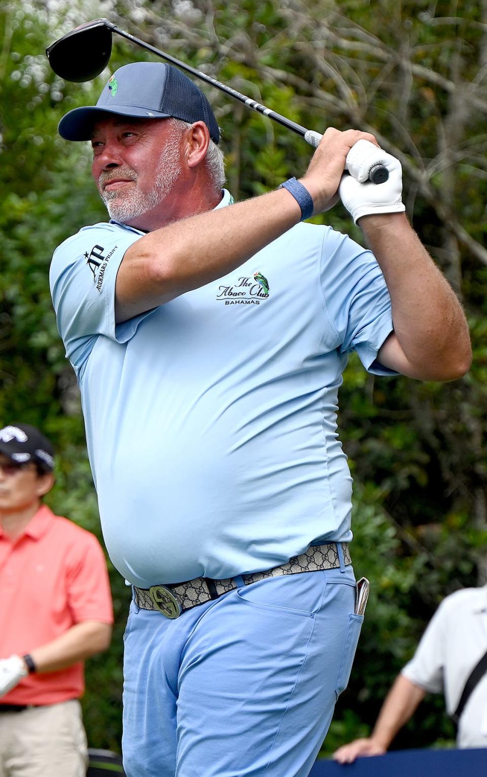 Darren Clarke tees off on the 16th tee during the 35th Anniversary of the Chubb Classic at the Tiburón Golf Club in Naples, Saturday, Feb. 19, 2022.(Photo/Chris Tilley)