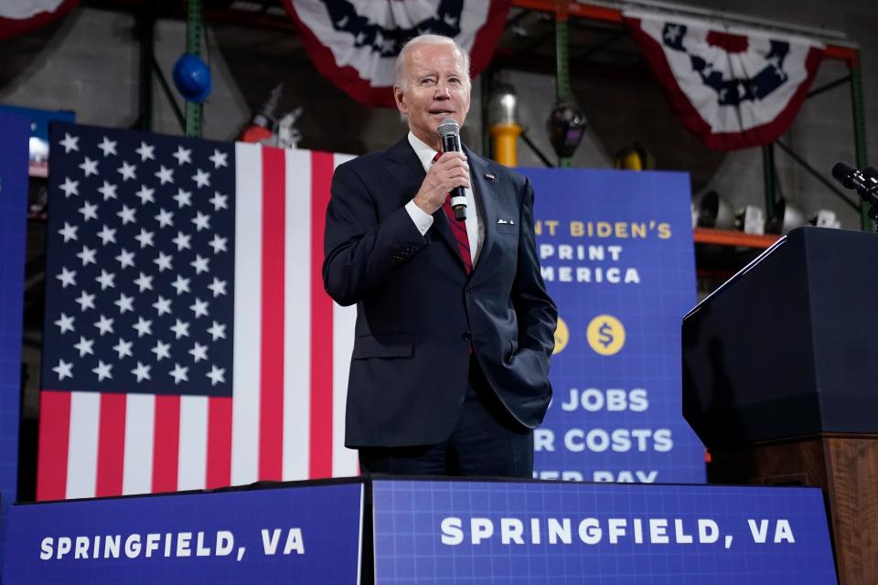 President Joe Biden speaks at the Steamfitters Local 602 in Springfield, Va., Thursday, Jan. 26, 2023. (AP Photo/Andrew Harnik) ORG XMIT: VAAH402