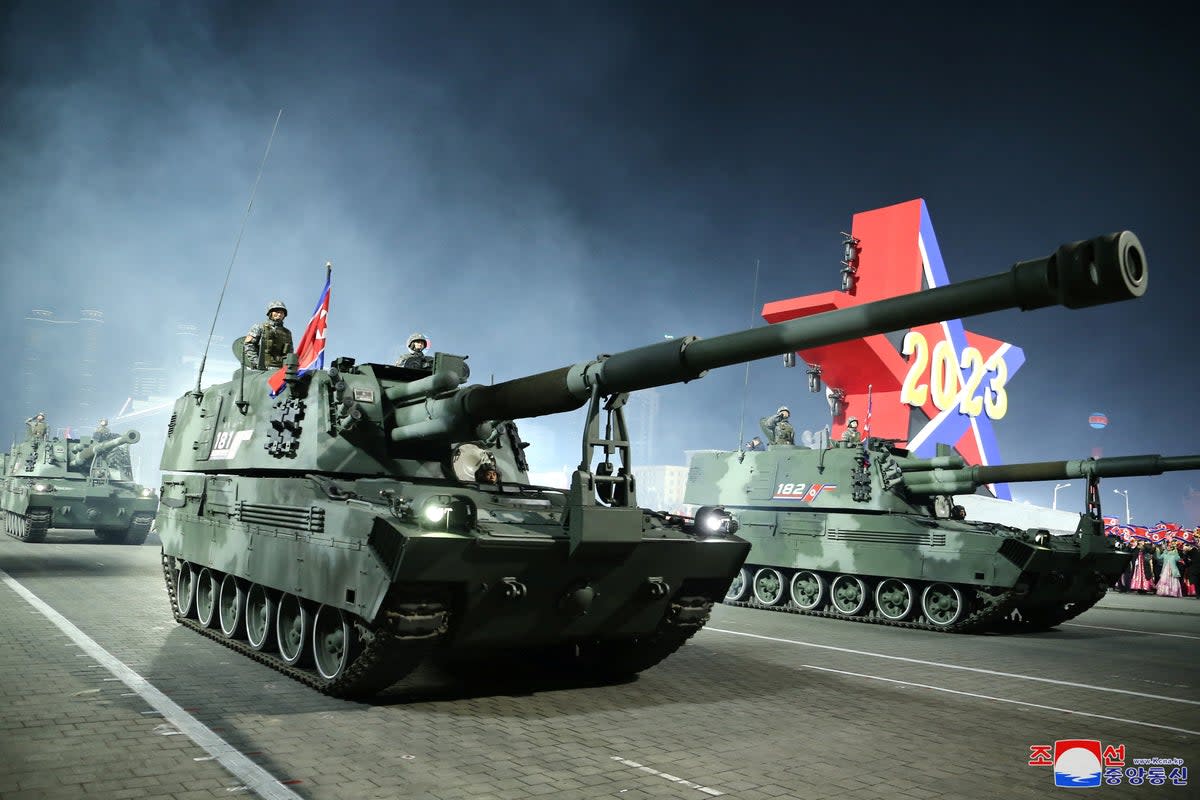 Armoured vehicles take part in a military parade to mark the 75th founding anniversary of North Korea’s army (via REUTERS)