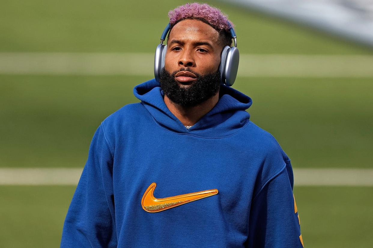 Odell Beckham Jr. #3 warms up during Super Bowl LVI at SoFi Stadium on February 13, 2022 in Inglewood, California.