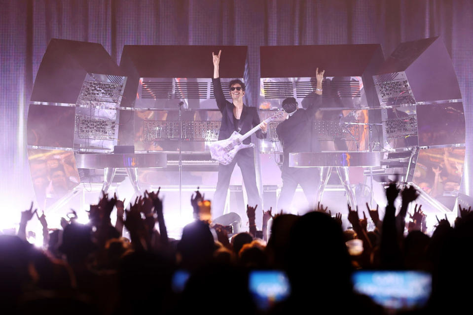 INDIO, CALIFORNIA - APRIL 15: (L-R) Dave 1 and P-Thugg of Chromeo perform at the Outdoor Theatre during the 2023 Coachella Valley Music and Arts Festival on April 15, 2023 in Indio, California. (Photo by Arturo Holmes/Getty Images for Coachella)