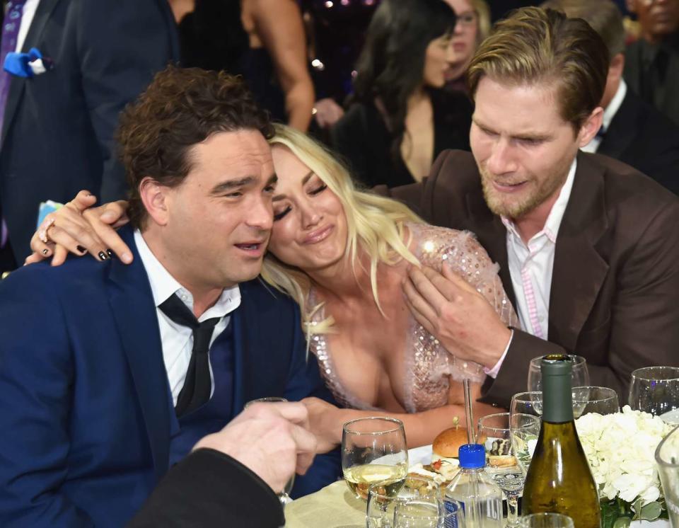 Johnny Galecki, actor Kaley Cuoco, and Karl Cook attend The 23rd Annual Critics' Choice Awards at Barker Hangar on January 11, 2018 in Santa Monica, California