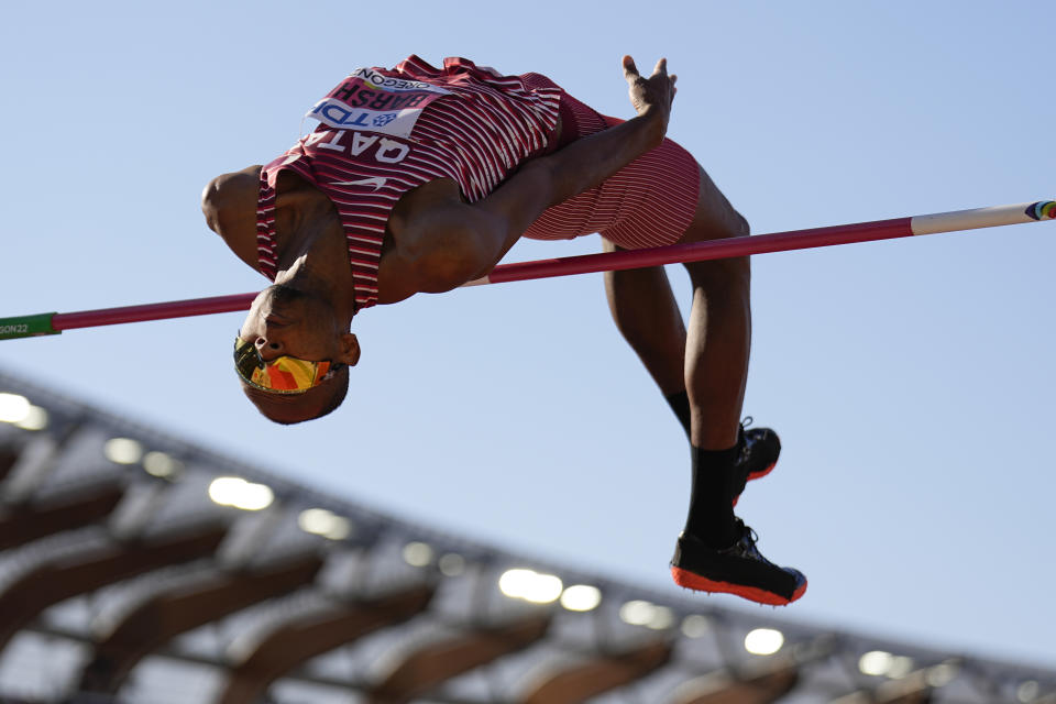 FILE - Mutaz Essa Barshim, of Qatar, competes during in the men's high jump final at the World Athletics Championships on Monday, July 18, 2022, in Eugene, Ore. (AP Photo/Charlie Riedel, File)