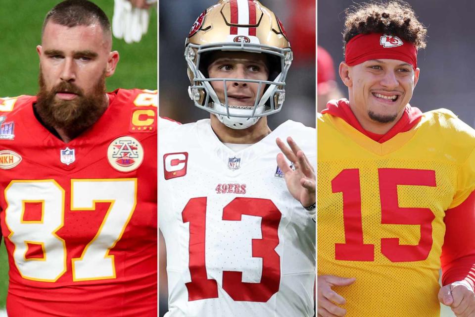 <p>Christopher Polk/Billboard via Getty; Ezra Shaw/Getty; Jamie Squire/Getty</p> Travis Kelce, Brock Purdy, Patrick Mahomes