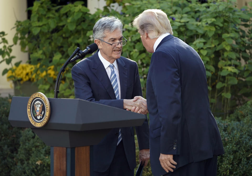 President Donald Trump shakes hands with Federal Reserve board member Jerome Powell after announcing him as his nominee for the next chair of the Federal Reserve, in the Rose Garden of the White House in Washington, Thursday, Nov. 2, 2017. (AP Photo/Pablo Martinez Monsivais)