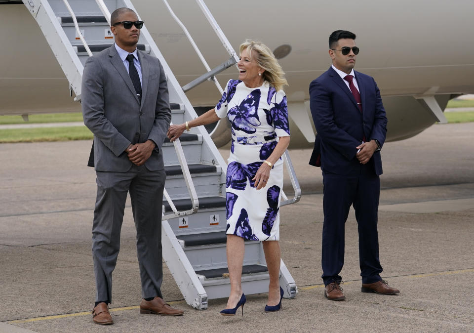 First lady Jill Biden arrives at Love Field Airport in Dallas, Tuesday, June 29, 2021. (AP Photo/Carolyn Kaster, Pool)