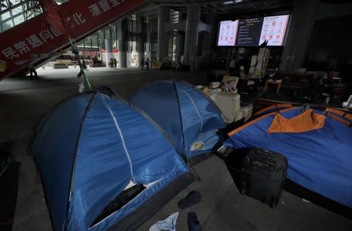 Tents and belongings of the anti-capitalist 'Occupy' movement in Hong Kong, seen here on the ground level of the HSBC building in Hong Kong, on June 25. HSBC on Monday sought legal permission to evict the protesters, one of the last remnants of the 'Occupy' movement in Asia