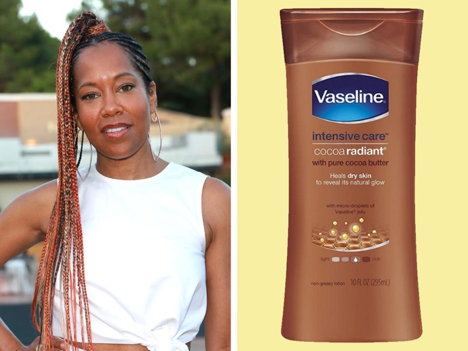 Regina King on left; Vaseline cocoa butter lotion on right