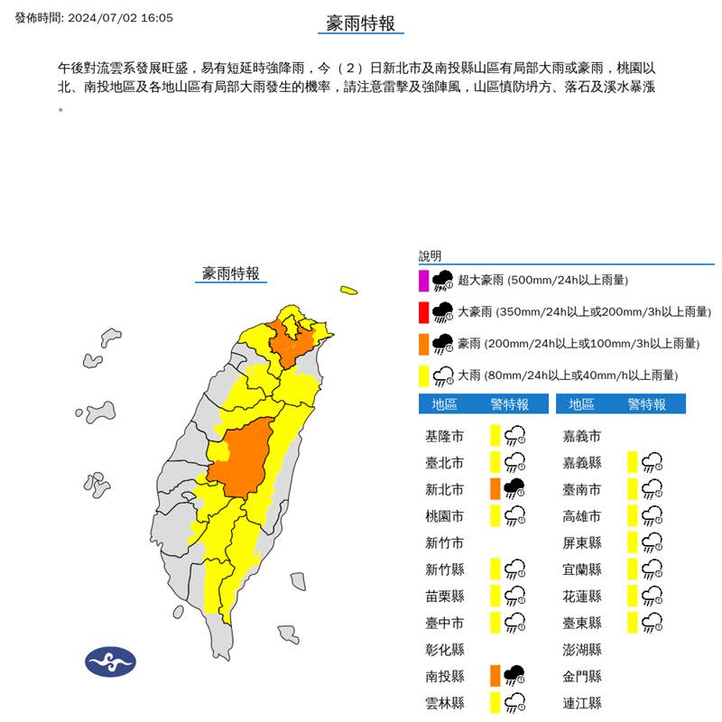 全台16縣市豪雨、大雨特報。（圖／翻攝自氣象署）