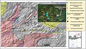 Note the density of pegmatites defined by previous drilling, as well as potential surface expressions of pegmatites throughout unexplored areas of the Property