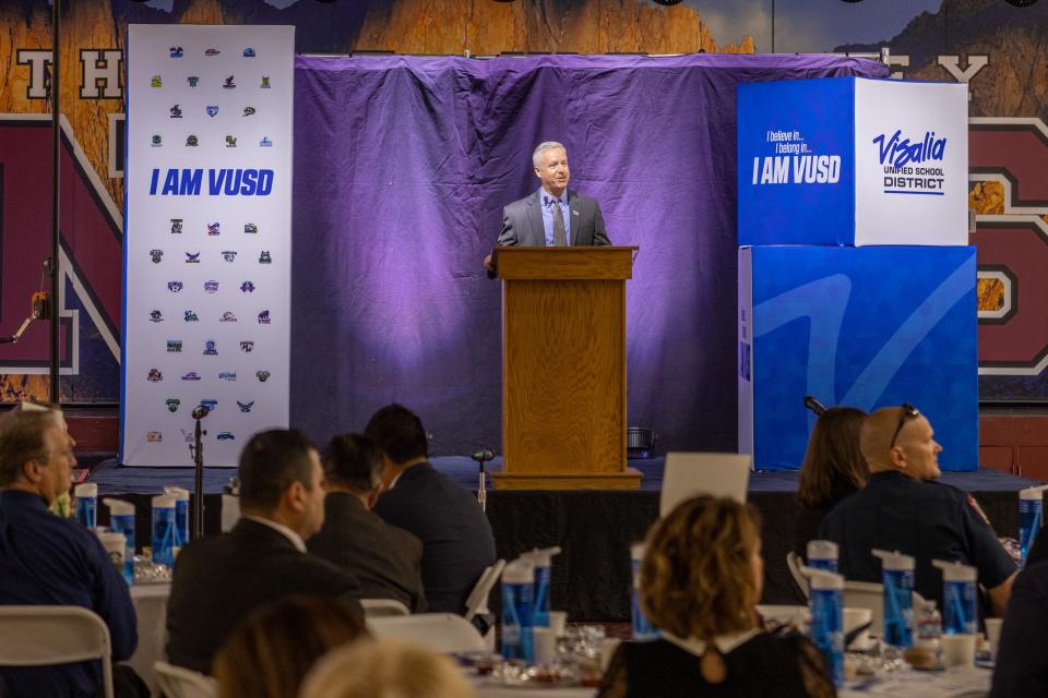 Visalia Unified Superintendent Kirk Shrum gives the state of the district address on Wednesday, Sept. 20, 2023.