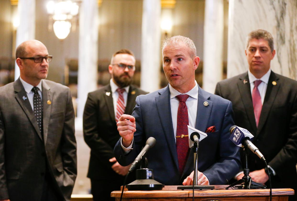 Sen. Rick Brattin, chairman of the newly formed Freedom Caucus, speaks at a press conference at the Missouri State Capitol Building on Thursday, Jan. 4, 2024.
