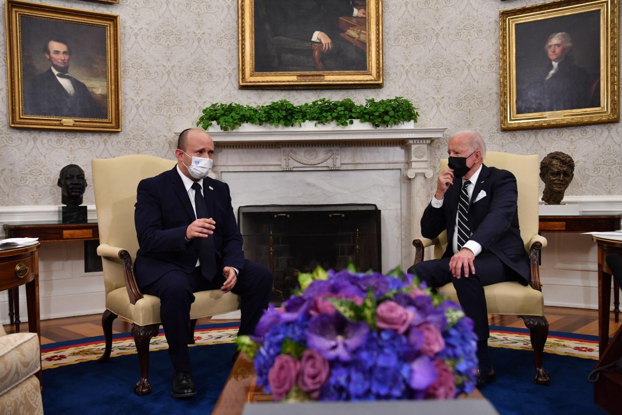 President Joe Biden meets with Israeli Prime Minister Naftali Bennett in the Oval Office of the White House in Washington, DC, on Aug. 27, 2021.