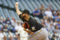Pittsburgh Pirates starting pitcher Bryse Wilson throws to the Milwaukee Brewers during the first inning of a baseball game Monday, Aug. 2, 2021, in Milwaukee. (AP Photo/Jeffrey Phelps)