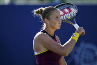 Shelby Rogers, of the United States, reacts during a game against Daria Kasatkina, of Russia, at the Mubadala Silicon Valley Classic tennis tournament in San Jose, Calif., Sunday, Aug. 7, 2022. (AP Photo/Godofredo A. Vásquez)