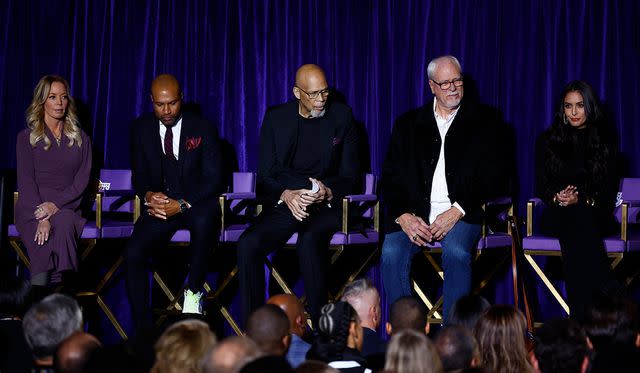 <p>Ronald Martinez/Getty</p> eanie Buss, Derek Fisher, Kareem Abdul-Jabbar, Phil Jackson and Vanessa Bryant during a unveiling ceremony for the Kobe Bryant Statue