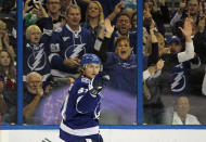 TAMPA, FL - MARCH 06: Steven Stamkos #91 of the Tampa Bay Lightning celebrates his power play goal at 5:41 of the third period against the Ottawa Senators at the Tampa Bay Times Forum on March 6, 2012 in Tampa, Florida. The Senators defeated the Lightning 7-3. (Photo by Bruce Bennett/Getty Images)