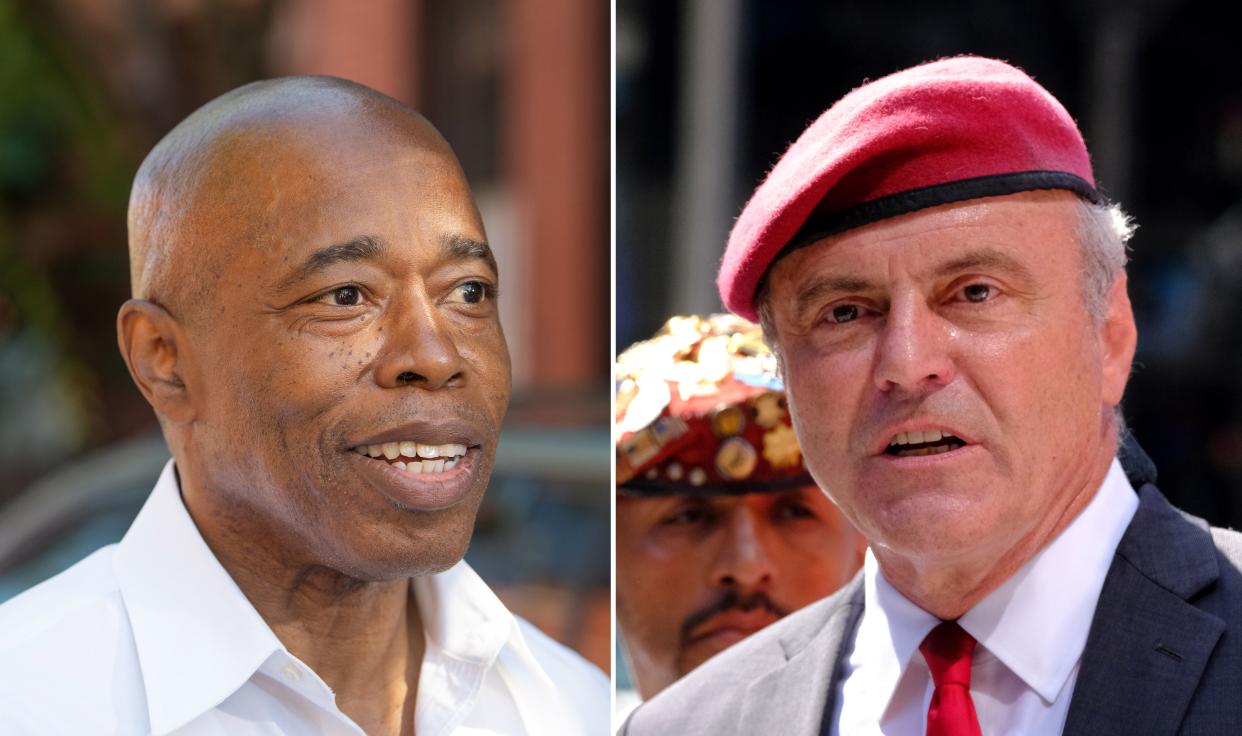 Democratic New York City mayoral candidate Eric Adams (left) and Republican New York City mayoral candidate Curtis Sliwa (right)