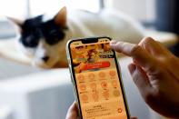 Mayumi Kitakata uses AI-driven smartphone application 'CatsMe!' near her pet cat Chi in Tokyo