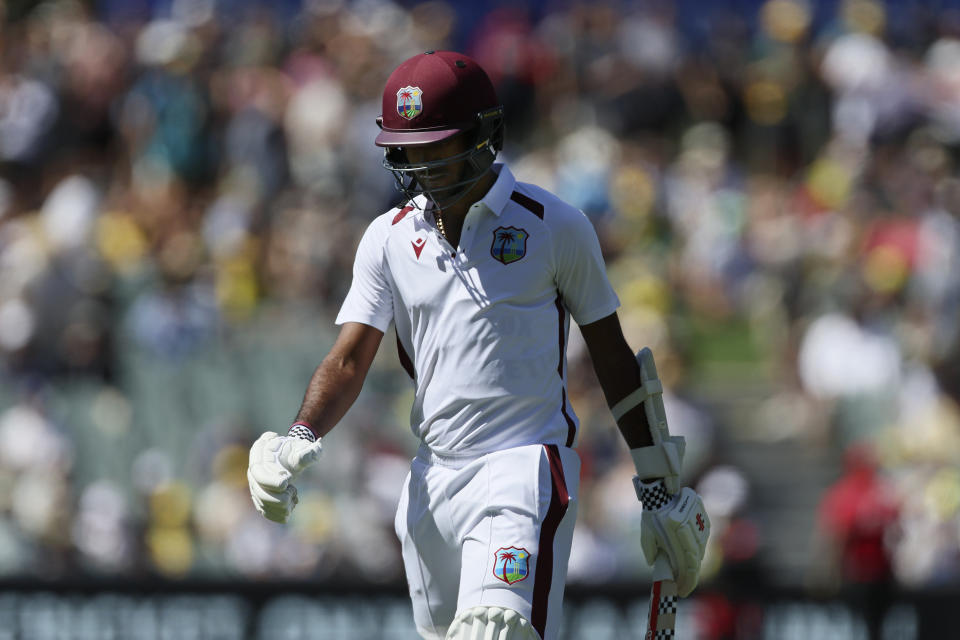 West Indies' Kraigg Brathwaite walks off after he lost his wicket to Australia on the second day of their cricket test match in Adelaide, Australia, Thursday, Jan. 18, 2024. (AP Photo/James Elsby)