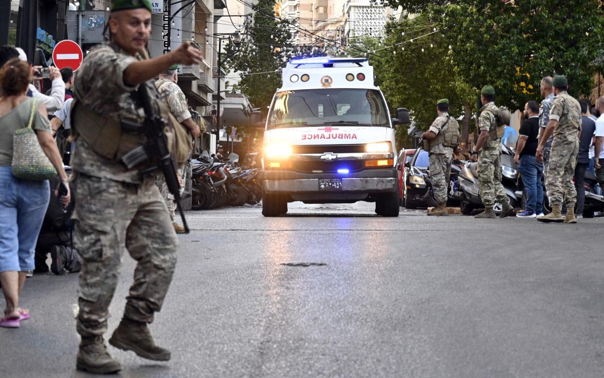 An ambulance arrives at the American University of Beirut Medical Center (AUBMC) after an incident involving Hezbollah members' wireless devices