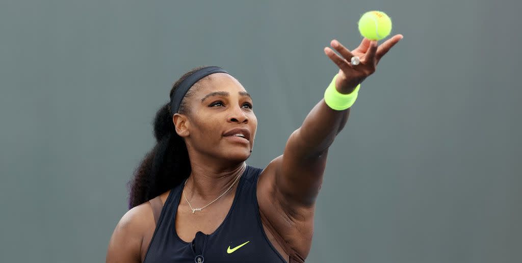 lexington, kentucky   august 13 serena williams serves during her match against venus williams during top seed open   day 4 at the top seed tennis club on august 13, 2020 in lexington, kentucky photo by dylan buellgetty images