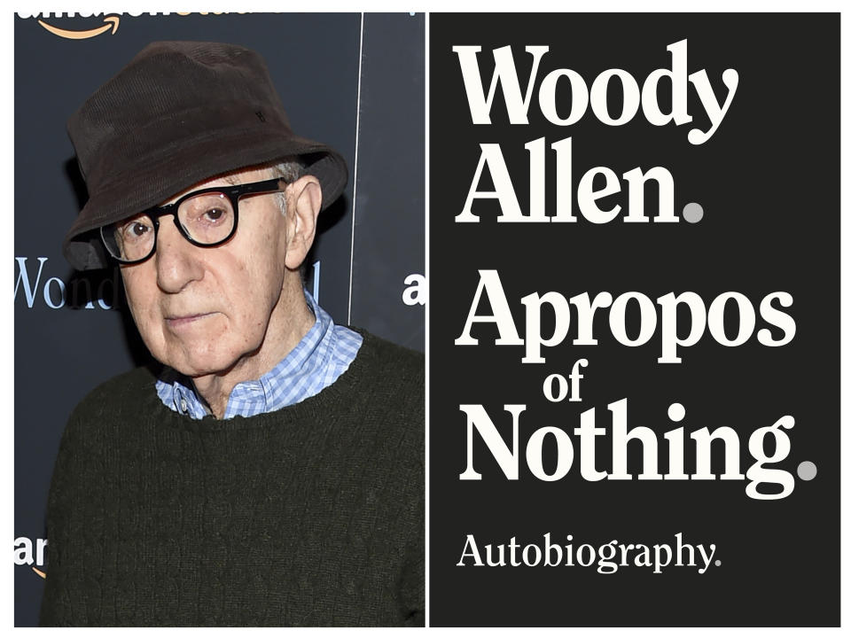 This combination photo shows director Woody Allen at a special screening of "Wonder Wheel" in New York on Nov. 14, 2017, left, and a cover image for "Apropos of Nothing," Allen's autobiography. Allen's memoir has been released with a new publisher. It was dropped last month after widespread criticism. But it came out Monday by Arcade Publishing with little advance notice. (AP Photo, left, Arcade Publishing via AP)