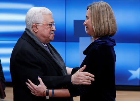 European High Representative for Foreign Affairs Federica Mogherini welcomes Palestinian President Mahmoud Abbas in Brussels, Belgium, January 22, 2018. REUTERS/Yves Herman