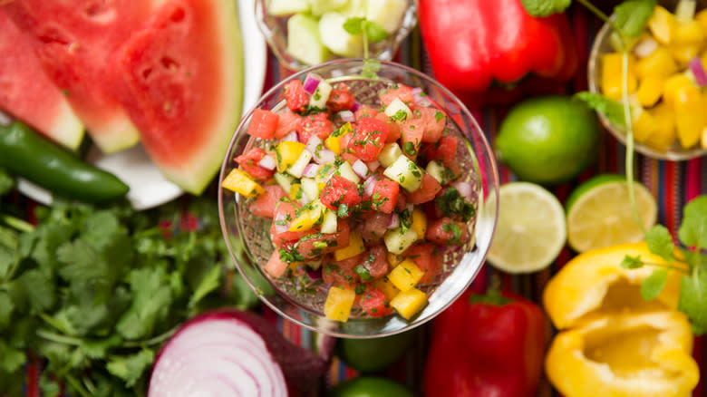 watermelon salsa on colorful table