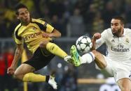 Football Soccer - Borussia Dortmund v Real Madrid - UEFA Champions League group stage - Group F - Signal Iduna Park stadium, Dortmund, Germany - 27/09/16 - Dortmund's Raphael Guerreiro and Real Madrid's Dani Carvajal in action REUTERS/Kai Pfaffenbach