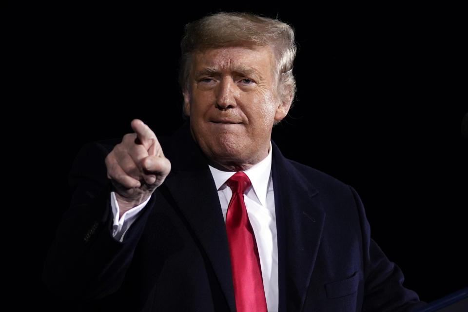 President Donald Trump speaks during a campaign rally for Sen. Kelly Loeffler, R-Ga., and David Perdue at Dalton Regional Airport, Monday, Jan. 4, 2021, in Dalton, Ga. (AP Photo/Evan Vucci)