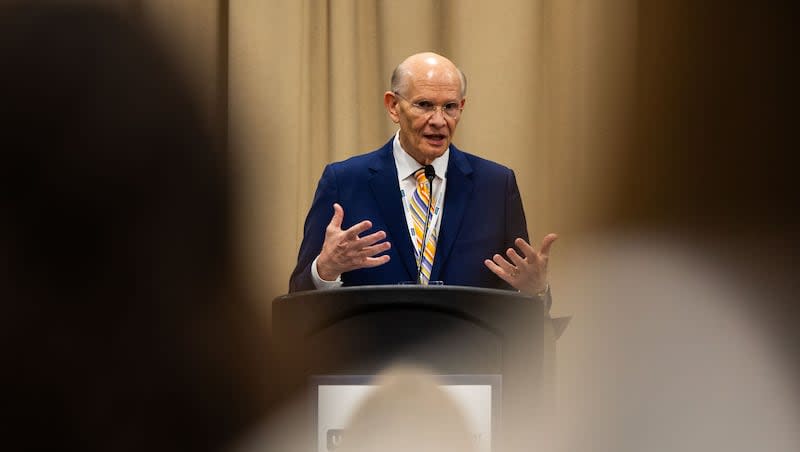 Elder Dale G. Renlund of the Quorum of the Twelve Apostles of The Church of Jesus Christ of Latter-day Saints speaks during the Utah Coalition Against Pornography conference at the Salt Palace Convention Center in Salt Lake City on Saturday, May 4, 2024.