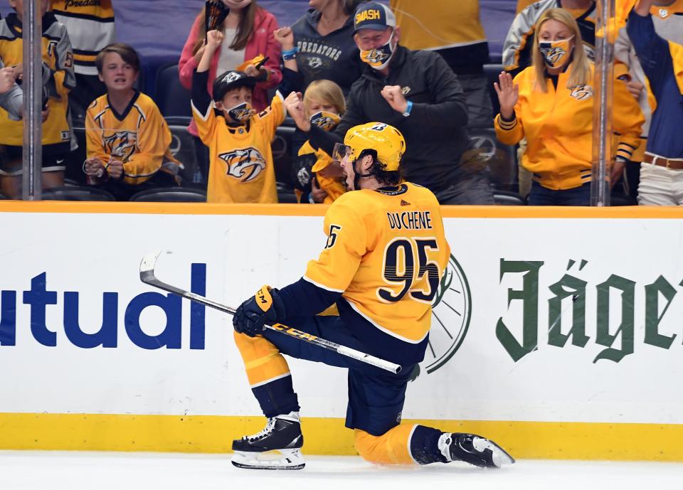 Nashville Predators center Matt Duchene (95) celebrates after scoring in the second overtime against the Carolina Hurricanes.