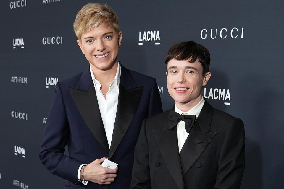 Mae Martin and Elliot Page, wearing Gucci, attend the 2022 LACMA ART+FILM GALA Presented By Gucci at Los Angeles County Museum of Art on November 05, 2022 in Los Angeles, California.