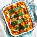 <p>Herby and bright pesto coats tender salmon fillets in this quick and healthy fish dish. Colorful cherry tomatoes burst and combine with shallots to complement the pesto in this fast and simple weeknight dinner. <a href="https://www.eatingwell.com/recipe/7909666/pesto-salmon/" rel="nofollow noopener" target="_blank" data-ylk="slk:View Recipe" class="link ">View Recipe</a></p>
