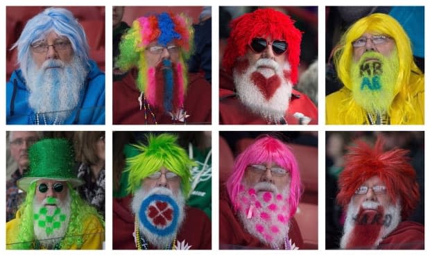 Curling fan Hans Madsen is pictured on eight different days at the 2015 Scotties Tournament of Hearts in Moose Jaw, Sask. (Jonathan Hayward/The Canadian Press - image credit)