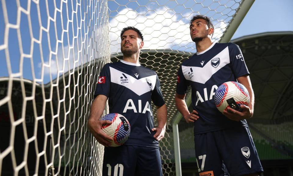 <span>Bruno Fornaroli and Nishan Velupillay of Melbourne Victory ahead of Saturday’s A-League Men grand final against Central Coast Mariners.</span><span>Photograph: Robert Cianflone/Getty Images</span>