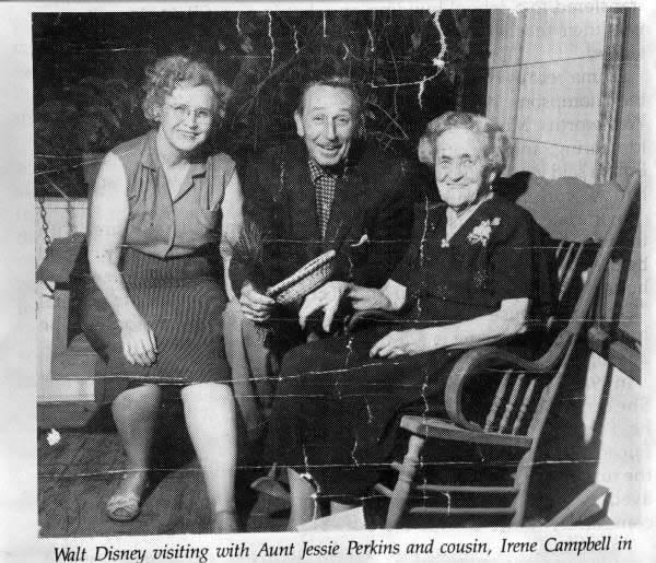 Walt Disney visiting with Aunt Jessie Perkins and cousin, Irene Campbell in Paisley around 1950.