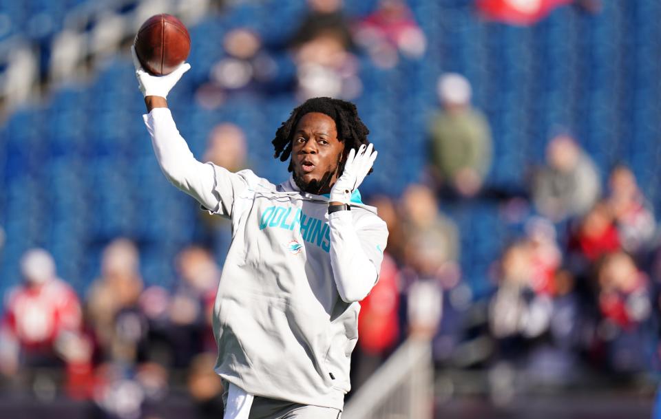 Jan 1, 2023; Foxborough, Massachusetts, USA; Miami Dolphins quarterback Teddy Bridgewater (5) warms up before the start of the game against the New England Patriots at Gillette Stadium. Mandatory Credit: David Butler II-USA TODAY Sports