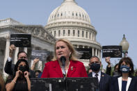 Rep. Sylvia Garcia, D-Texas, speaks during a news conference about the "I Am Vanessa Guillén Act," in honor of the late U.S. Army Specialist Vanessa Guillén, and survivors of military sexual violence, during a news conference on Capitol Hill, Wednesday, Sept. 16, 2020, in Washington. (AP Photo/Alex Brandon)