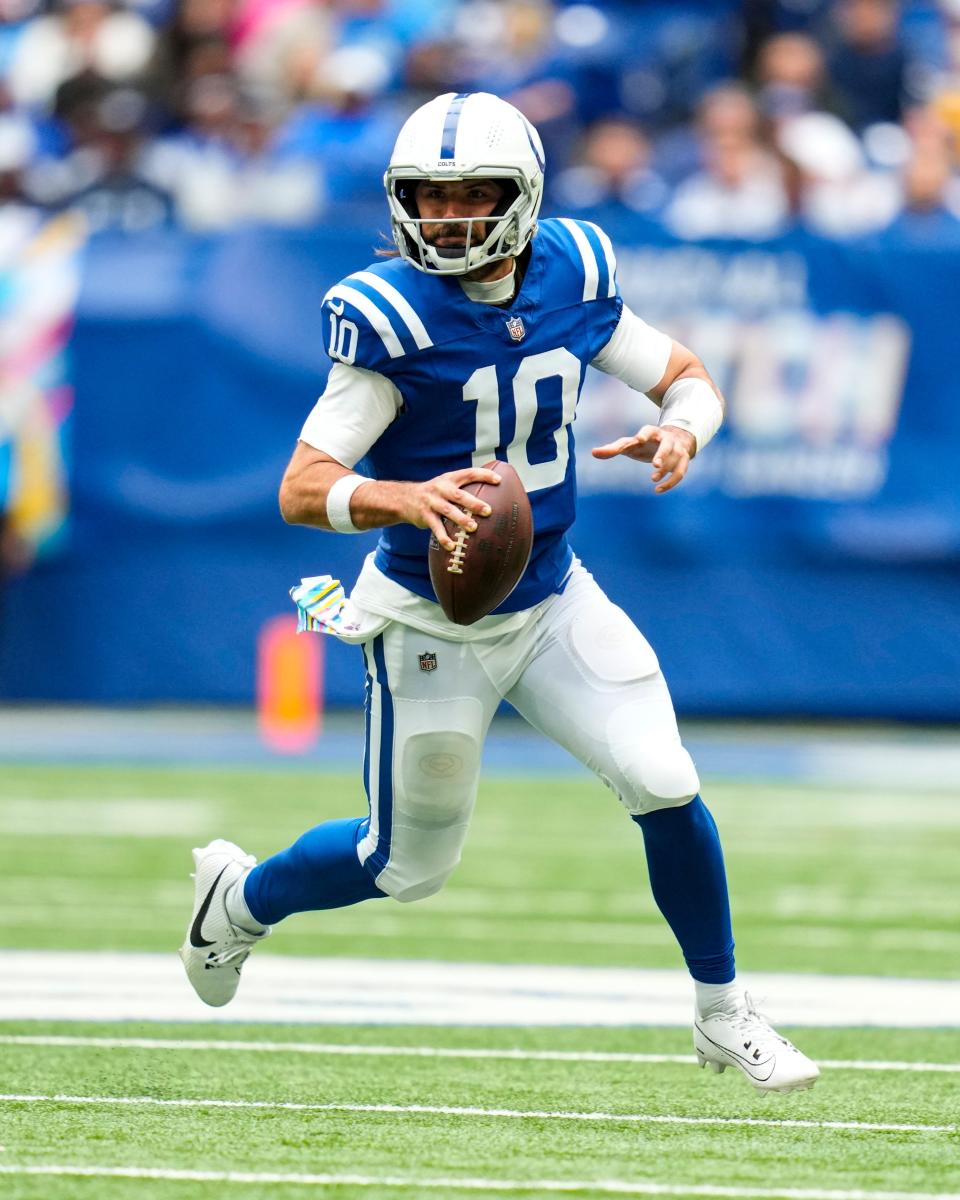 Indianapolis Colts quarterback Gardner Minshew (10) throws against the Tennessee Titans in Indianapolis, Sunday, Oct. 8, 2023.