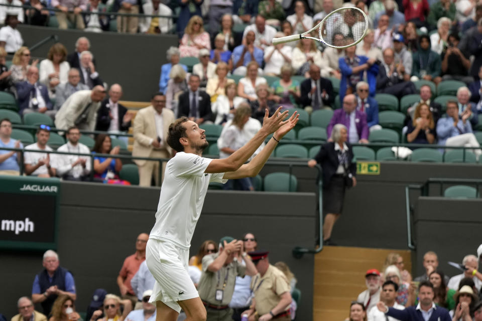 Russia's Daniil Medvedev celebrates after beating Christopher Eubanks of the US in their men's singles match on day ten of the Wimbledon tennis championships in London, Wednesday, July 12, 2023. (AP Photo/Alastair Grant)