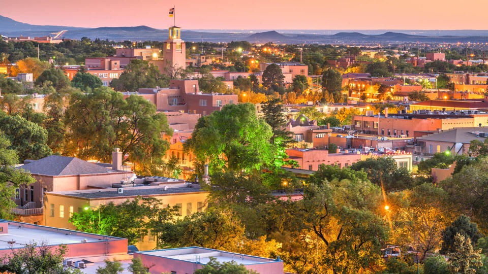 Santa Fe, New Mexico, USA downtown skyline at dusk.