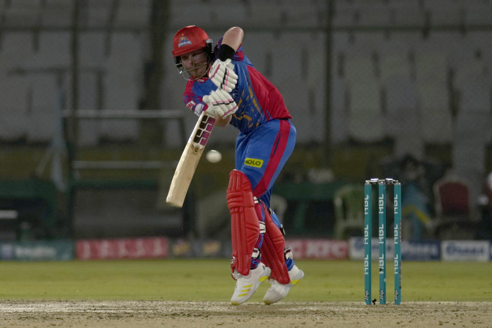 Karachi Kings' Tim Seifert plays a shot during the Pakistan Super League T20 cricket match between Lahore Qalandars and Karachi Kings, in Karachi, Pakistan, Saturday, March 9, 2024. (AP Photo/Fareed Khan)