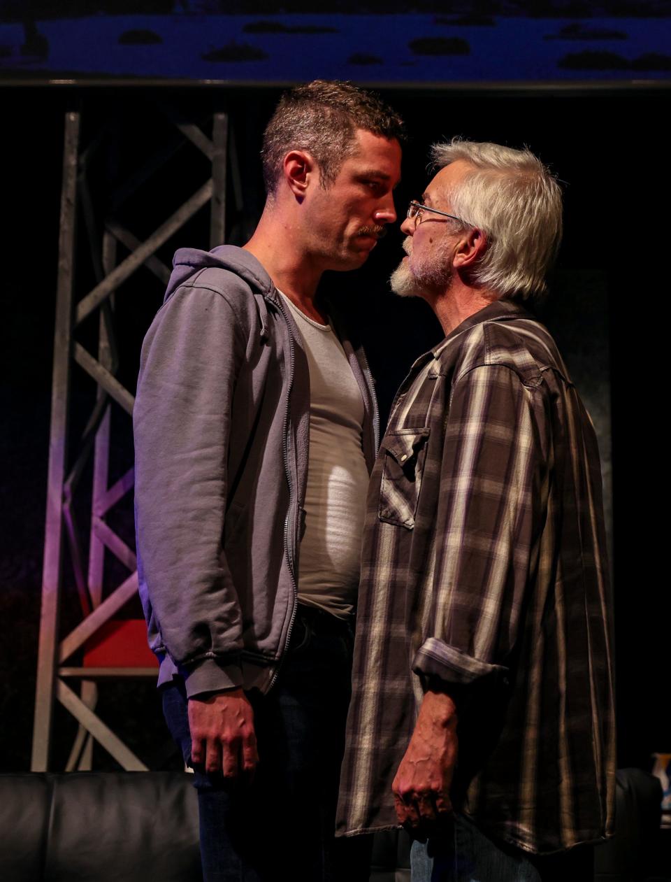 Fact checker Jim Fingal played by John Corr (left) and essayist John D'Agata played by Chuck Yates face off in a particularly tense scene during a dress rehearsal for Desert Ensemble Theatre's "The Lifespan of a Fact" at the Palm Springs Cultural Center in Palm Springs, Calif., Wednesday, Jan. 24, 2024.
