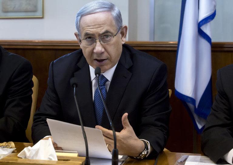 Israeli Prime Minister Benjamin Netanyahu speaks during the weekly cabinet meeting at his Jerusalem office on November 23, 2014